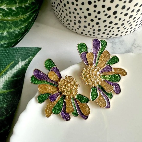 2/$30🌵 Gold Green Purple Flower Earrings Zara Large Mardi Gras Carnival NEW - Picture 5 of 10